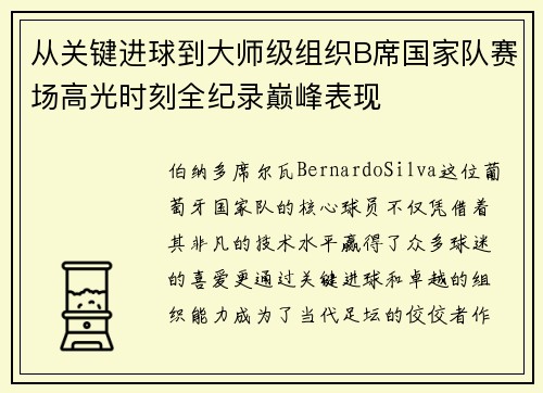 从关键进球到大师级组织B席国家队赛场高光时刻全纪录巅峰表现